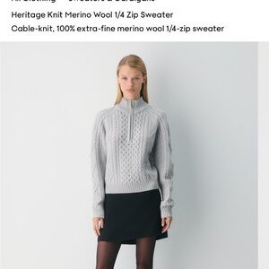 Aritzia Cable-Knit Merino Wool 1/4-Zip Sweater - Light Gray